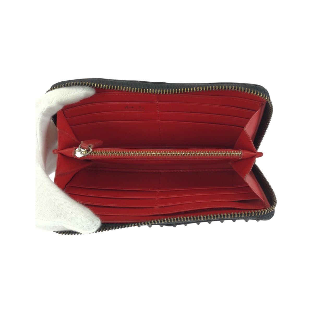 Christian Louboutin クリスチャンルブタン パネトーネスパイク 黒 レッド ゴールド金具 レザー 長財布 ラウンドファスナー メンズ 602592【中古】