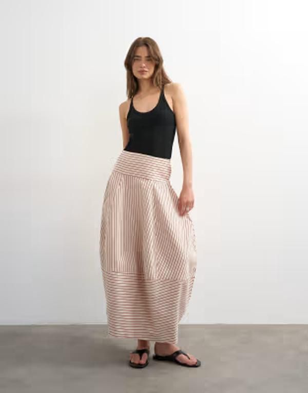 トップショップ レディース ボトムスカート デニム マキシ Topshop denim barrel seamed maxi skirt and ecru stripes RED AND ECRU S