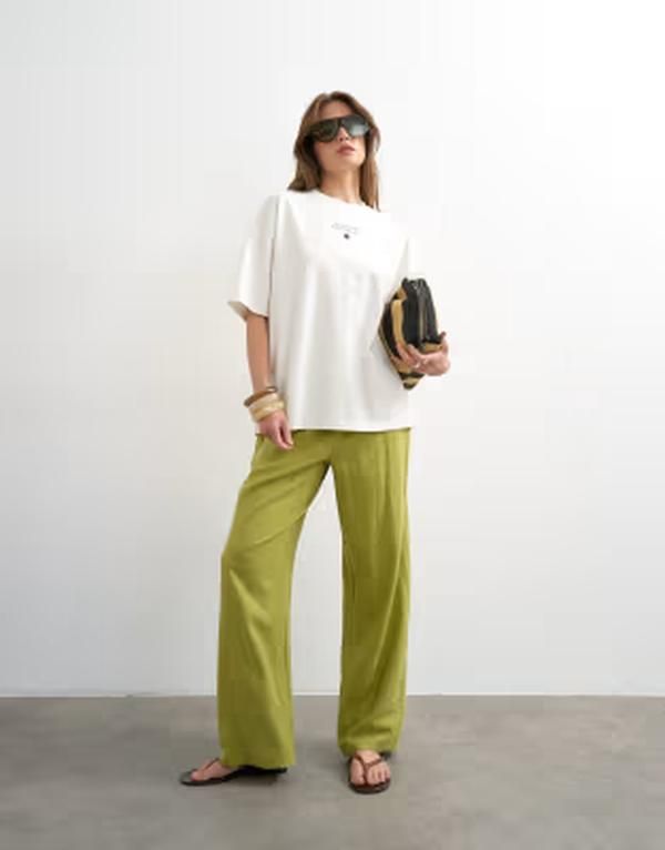 トップショップ レディース ボトムス カジュアルパンツ ストレート リネン Topshop linen blend straight leg pants with deep cuffs in mid