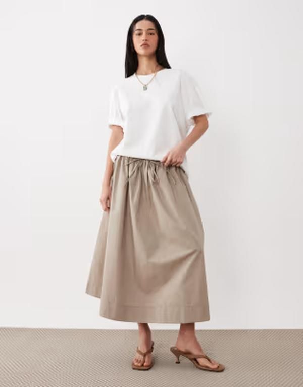 エイソス レディース ボトムスカート ASOS DESIGN poplin tie waist circle midaxi skirt in stone ストーン