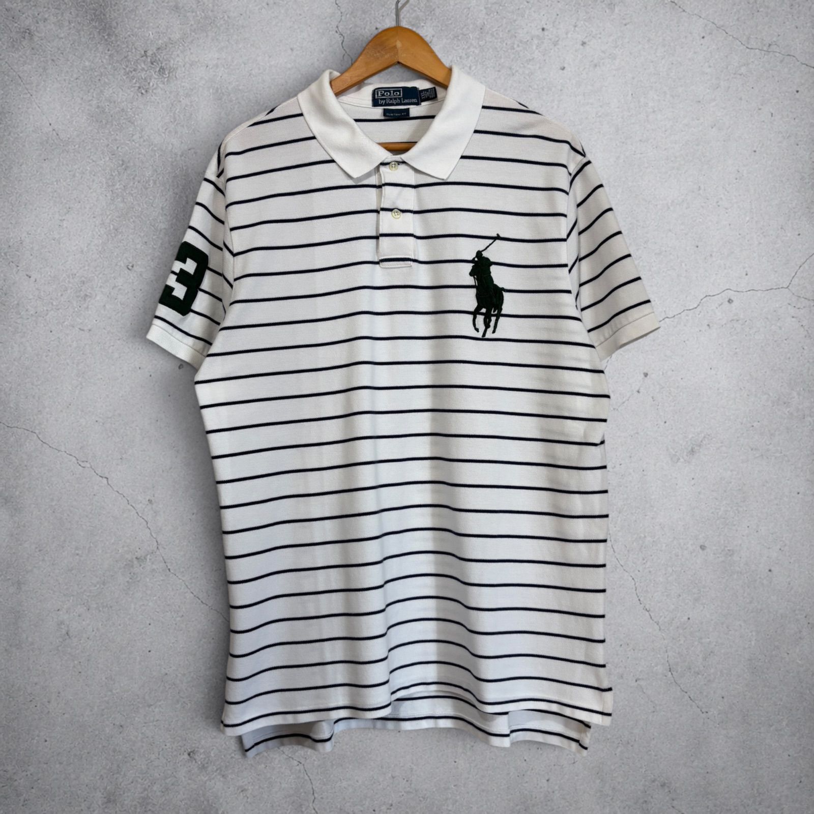 00s Polo Ralph Lauren Border Polo Shirts XXL White ポロラルフローレン ボーダー 刺繍 カスタムフィット 古着