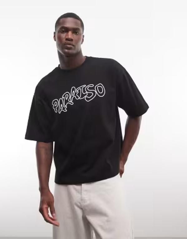 エイソス メンズ トップス Tシャツ ASOS DESIGN boxy oversized Tshirt with bubble paraiso high build embroidery Black