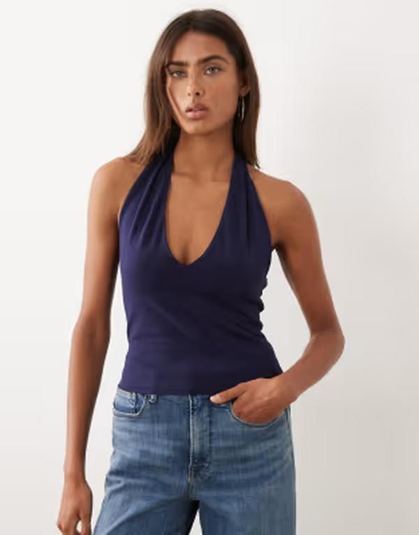 グッドアメリカン レディース トップス ベスト コットン ホルター Good American cotton super stretchalter neck tank top NAVY ネイビー