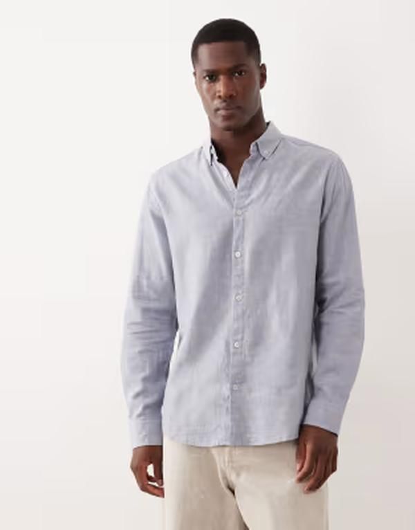 スリードベア メンズ トップス シャツ リネン Threadbare long sleeve linen mix shirt in light BLUE ブルー