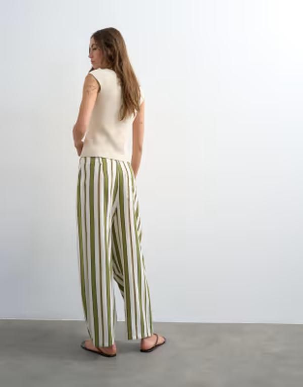 トップショップ レディース ボトムス カジュアルパンツ リネン Topshop linen blend clean tie waist barreleg pantstripes GREEN グリーン