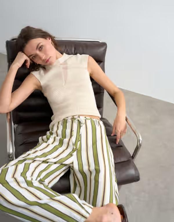 トップショップ レディース ボトムス カジュアルパンツ リネン Topshop linen blend clean tie waist barreleg pantstripes GREEN グリーン