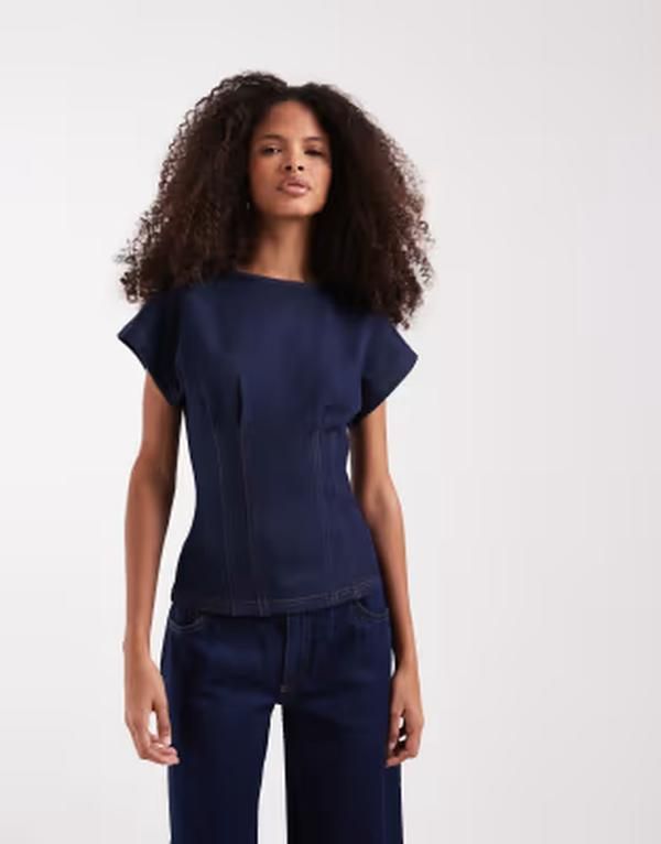 リバーアイランド レディース トップス タンクトップ ウエストマーク デニム River Islandenim cinched waist detailing top in dark BLUE DAR