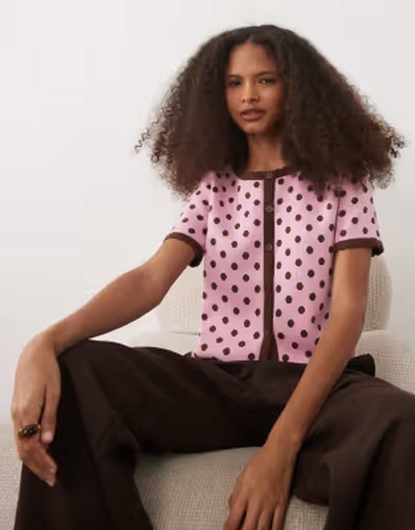 ミスセルフフリッジ レディース アウター カーディガン ドット柄 ドット プリント Misselfridge short sleeve blanket stitch cardigan in polka