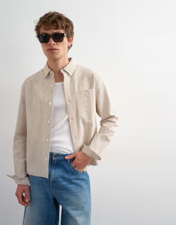 トップマン メンズ トップス シャツ リラックスフィット Topman relaxed fit crop seersucker shirt in stone ストーン