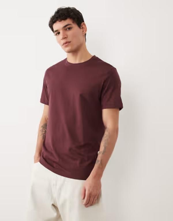 マンゴ メンズ トップス Tシャツ スリムフィット コットン Mango 100 cotton slim fitshirt Burgundy バーガンディ