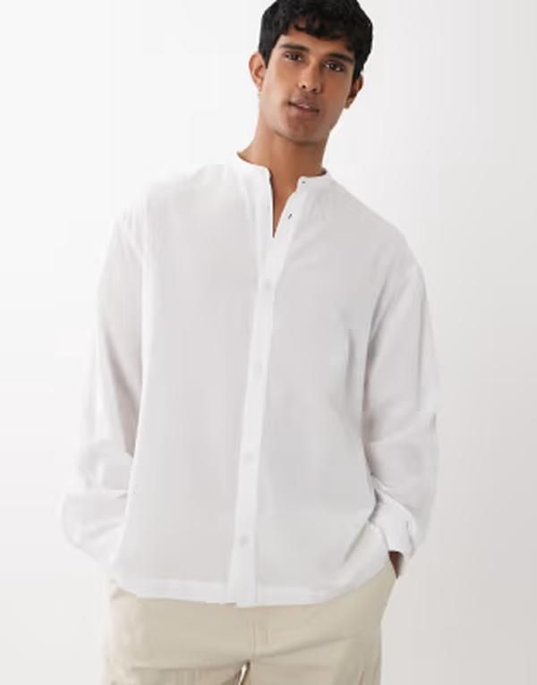 エイソス メンズ トップス シャツ リネン ASOS DESIGN oversized linen look shirt with band collar NEUTRAL ホワイト
