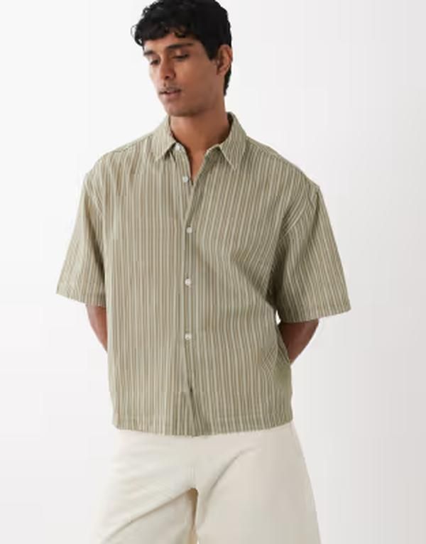 エイソス メンズ トップス シャツ リネン ASOS DESIGN boxy oversized linen look striped shirt Khaki カーキ