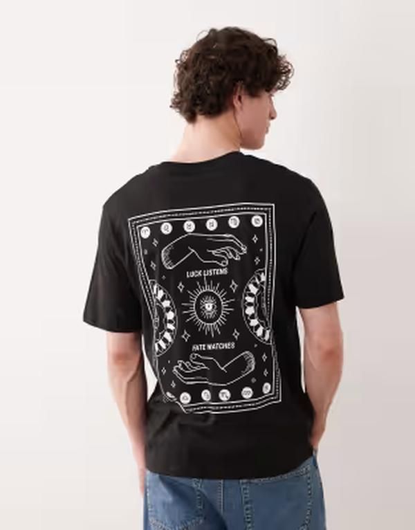 ジャック アンド ジョーンズ メンズ トップス Tシャツ プリント Jack Jones oversized tshirt with zodiac back print Black ブラック