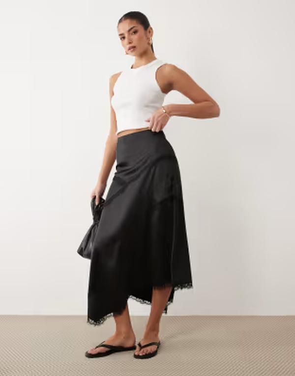 エイソス レディース ボトムスカート アシンメトリー サテン レース マキシ ASOS DESIGN satin asymmetric maxi skirt with lace detail Blac