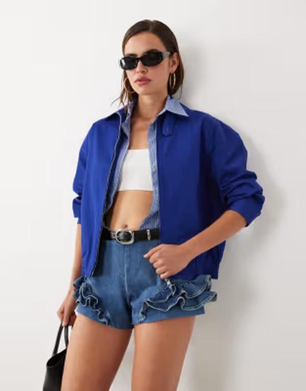 マンゴ レディース アウター ジャケット・ブルゾン スタンドネック Mango starring Hailey Bieber funnel neck zip bomber jacket in elec