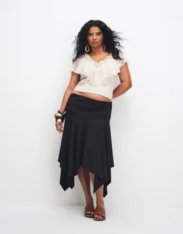 エイソス レディース ボトムスカート ASOS Curve ASOS DESIGN Curve slinky hanky hem skirt Black ブラック