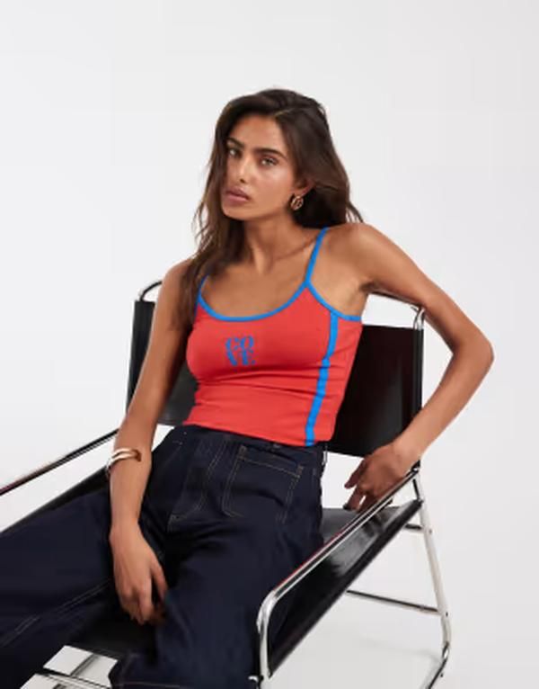 エイソス レディース トップス ベスト コントラスト グラフィック ASOS DESIGN contrastrap cami with Cove graphic and RED レッド