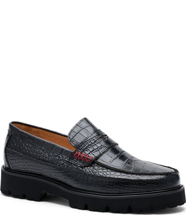 マークノーラン メンズ シューズ スリッポン・ローファー レザー Marc Nolan Mens Adler Croco Embossed Leather Penny Loafers Black ブラ