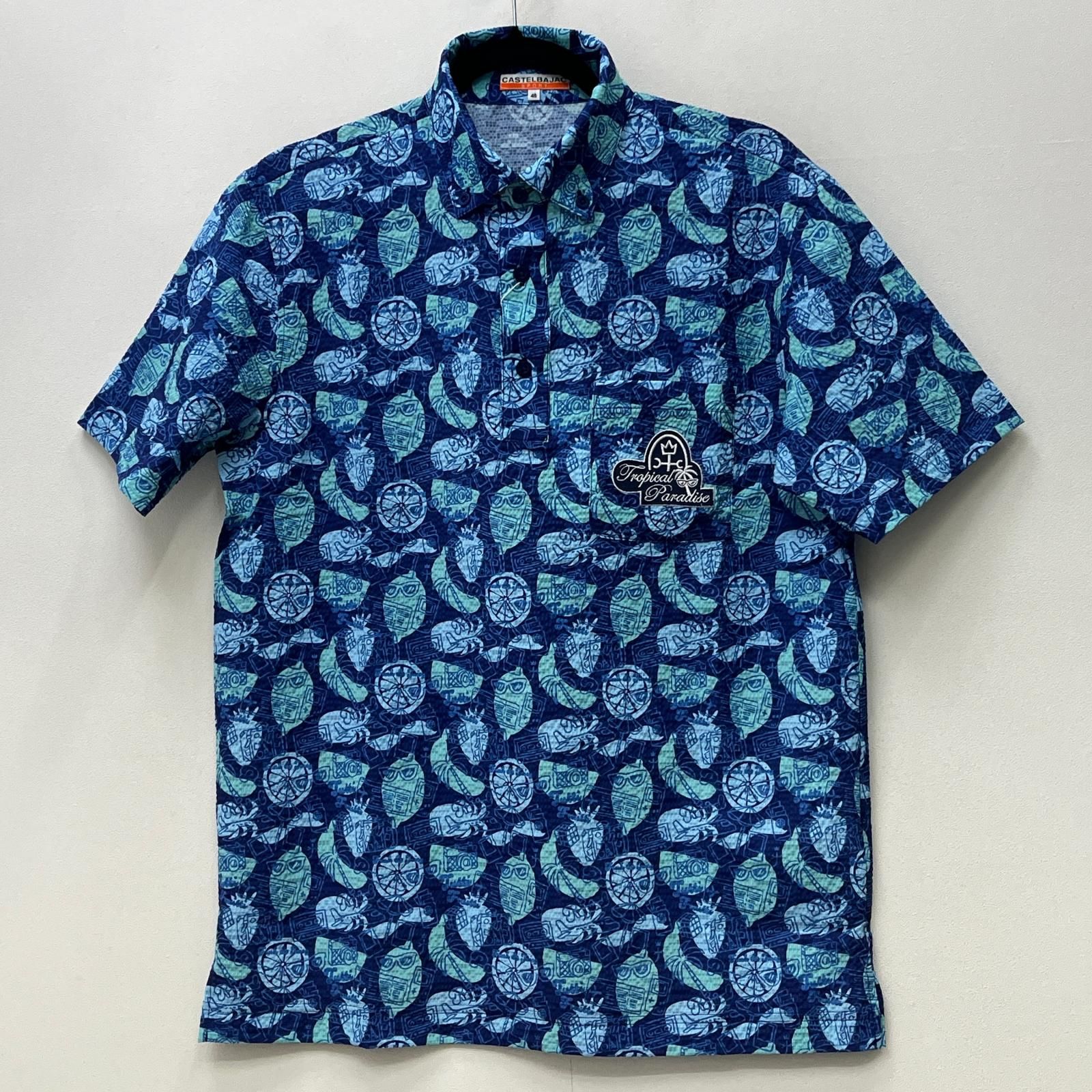 【加古川店】 中古 CASTEL BAJAC | カステルバジャック ポロシャツ PEサッカーストレッチトロピカル総柄昇華転写 7235274106 ブルー サイズ：46 【101】
