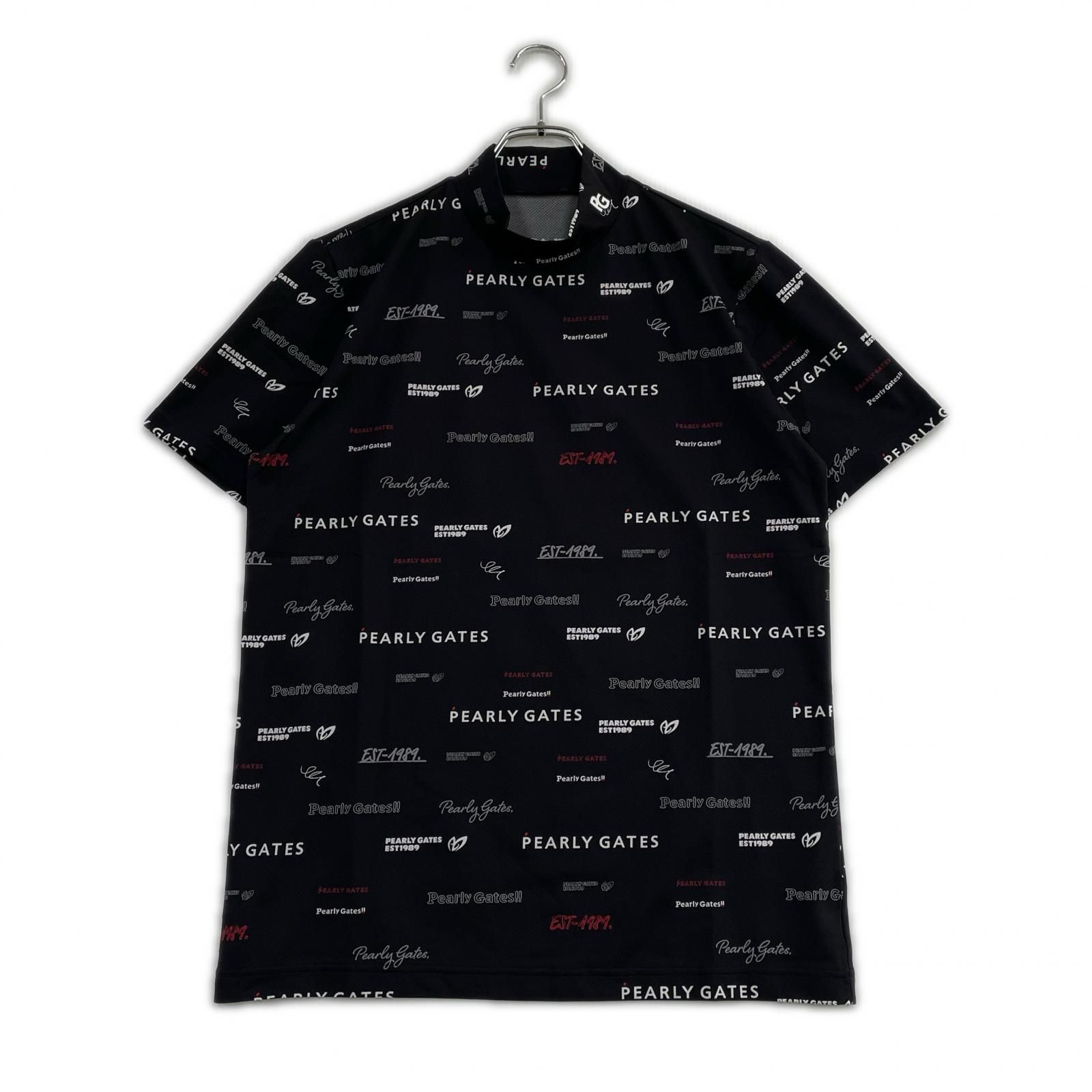未使用品 メンズ パーリーゲイツ PEARLY GATES 半袖シャツ 6(LL) ブラック モックネック ロゴ総柄