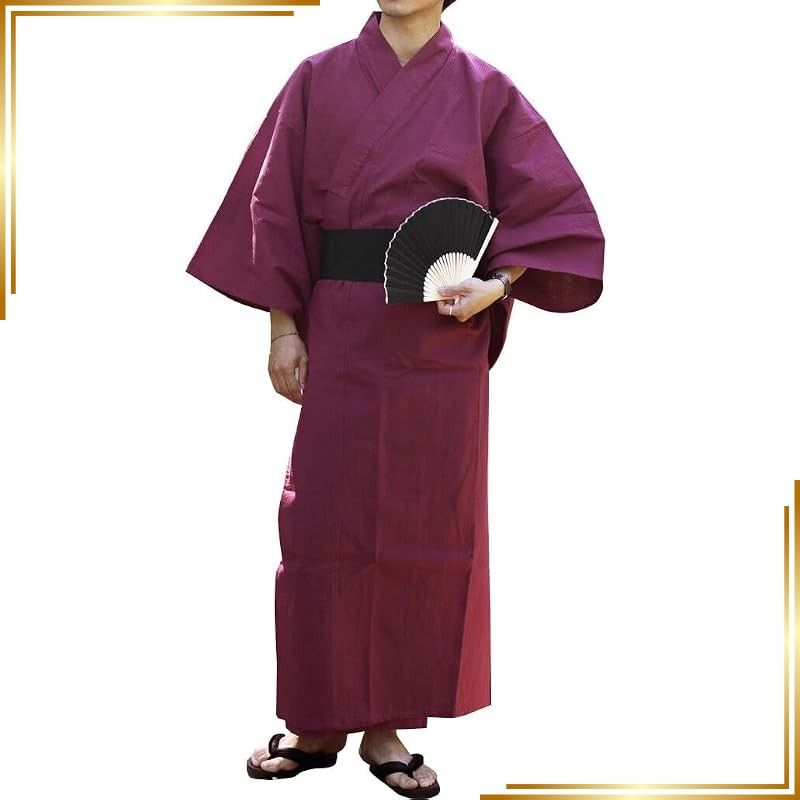 【新品】 [アーケード] 浴衣 メンズ 4点セット (帯 下駄 扇子 浴衣) ワンタッチ帯 簡単着付け 夏服 祭り 花火 ゆかた 涼しい シンプル 無地 和服 和装 紳士 XL(LL) 33.臙脂-黒帯 1
