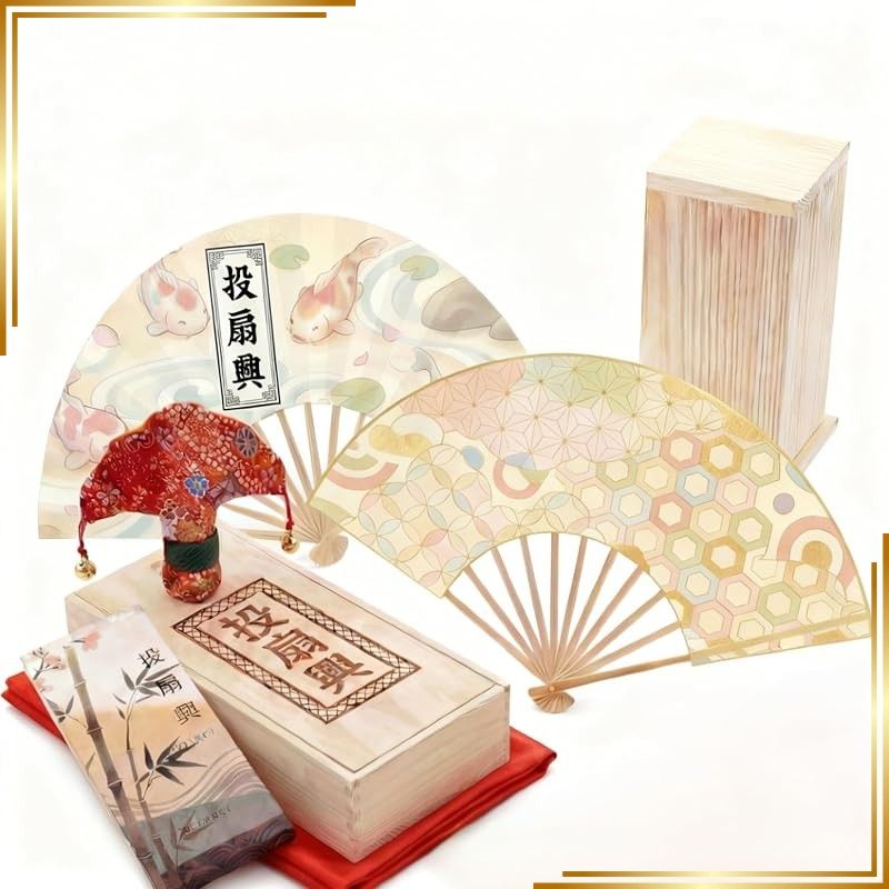 【新品】 投扇興本格セット【職人手作り 100%オーダーメイド】松製枕・手書き扇子2本・蝶・敷物・木箱付き 七宝紋竹骨/天然和紙 和風パーティーゲーム 初心者から楽しめる 高齢者レクリエーション 伝統遊び道具 解説書付き ギフト向け(鯉) 1