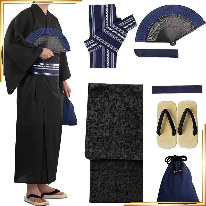 【新品】 [TOuWA] 浴衣セット メンズ 7点セット (男性浴衣 ワンタッチ角帯 信玄袋 腰紐 扇子 扇子入れ クッション雪駄) 大きいサイズ 着付け簡単 夏祭り 花火大会 イベント (黒+紺M) 1