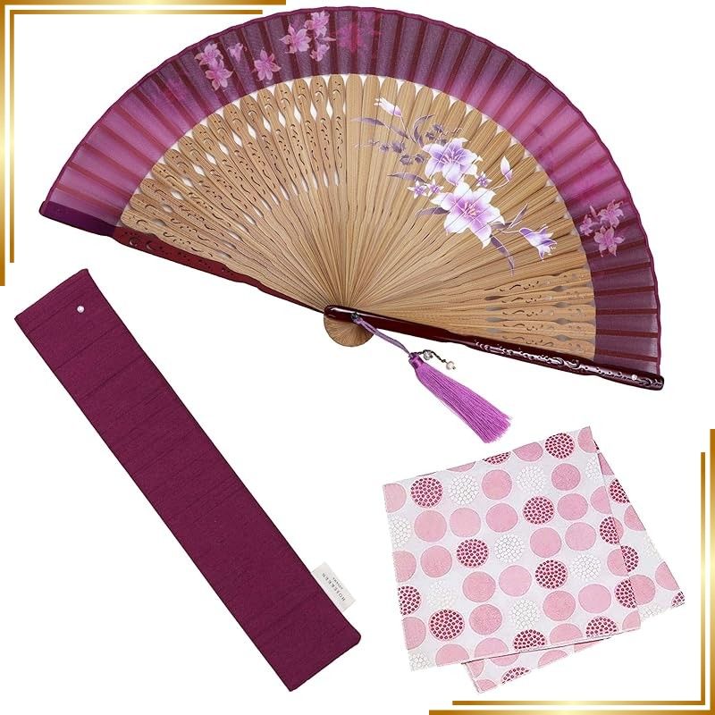 【新品】 [大阪長生堂] 扇子 レディース 女性 おしゃれ ビジネス 扇子袋 扇子入れ ハンカチ付セット 百合グレイス ピンク 1