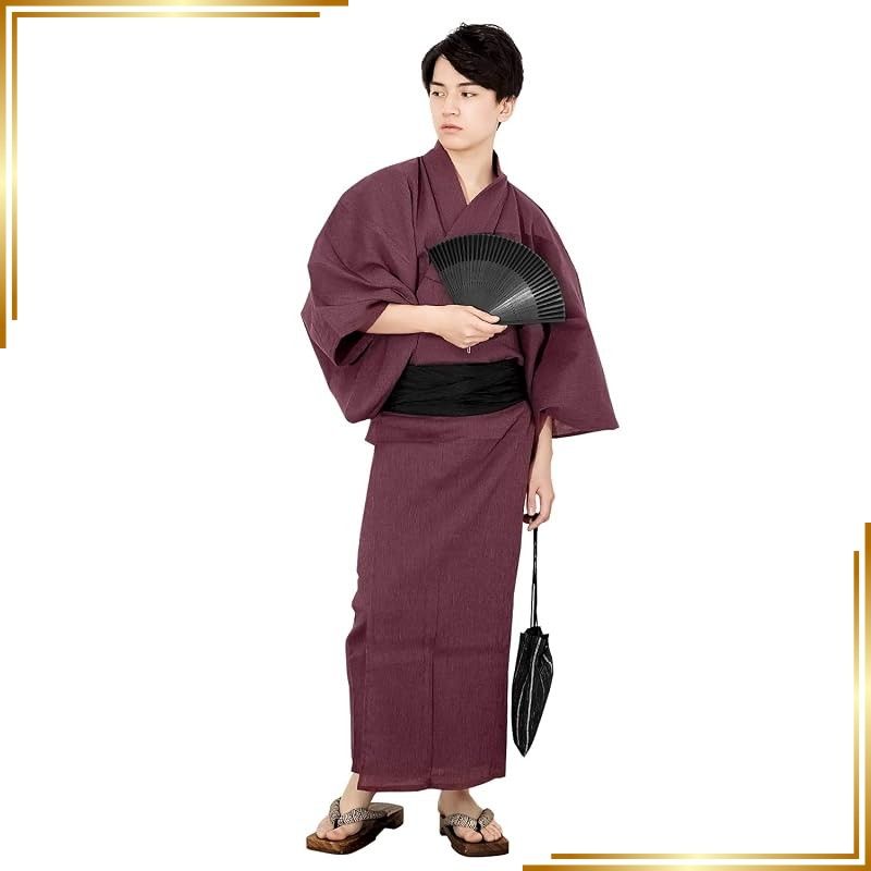 【新品】 [KYOETSU] [キョウエツ] 浴衣 メンズ セット ゆかた 男性 - 大きいサイズ 黒 紺 グレー 帯 下駄 腰紐 巾着 綿 麻 無地 おしゃれ G 6点 フルセット (L, G-9.紅(兵児帯 黒)) 1