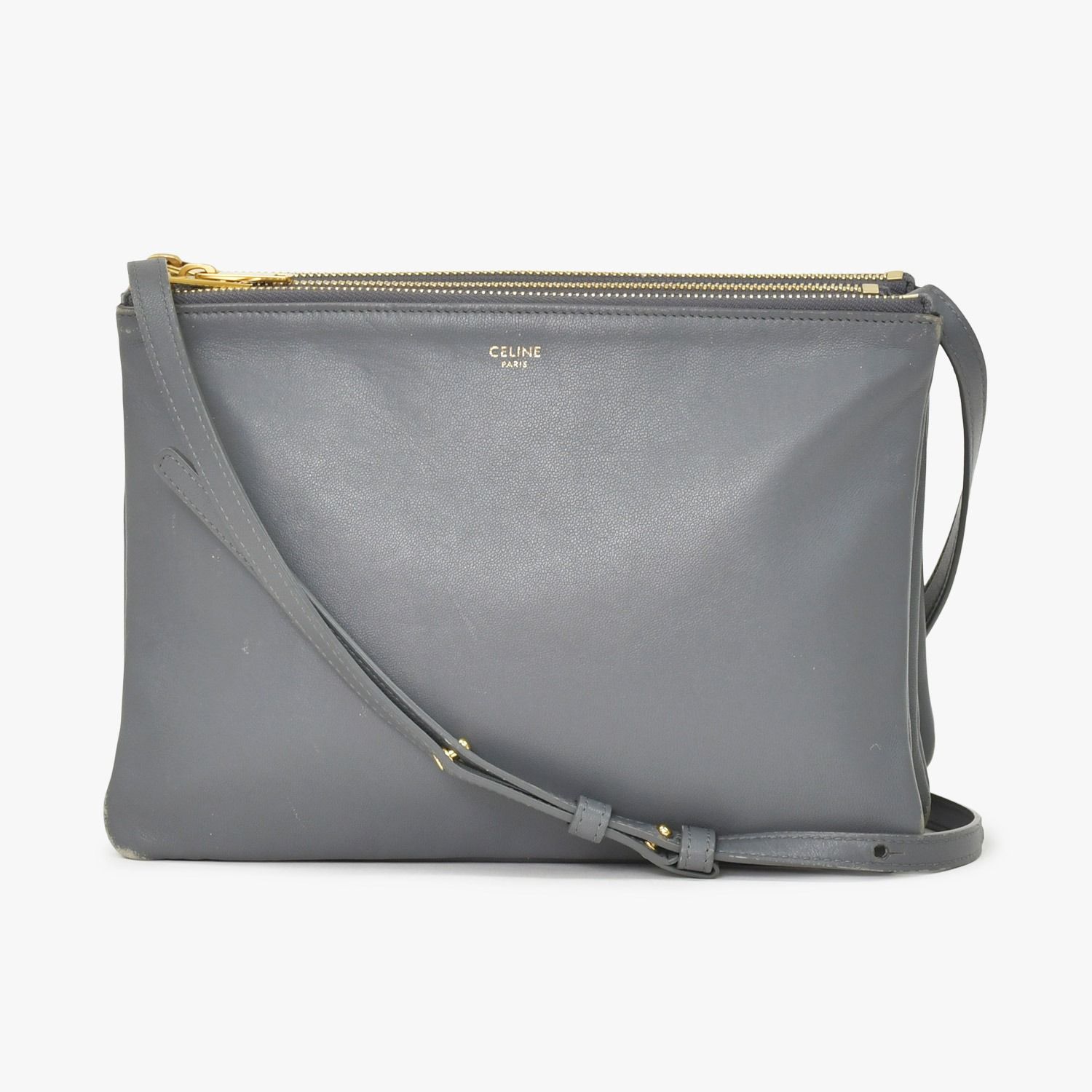 CELINE セリーヌ トリオ Shoulder Bag ショルダーバッグ ライトグレー ゴールド金具 S-AT-1118 美品 中古 4a003245