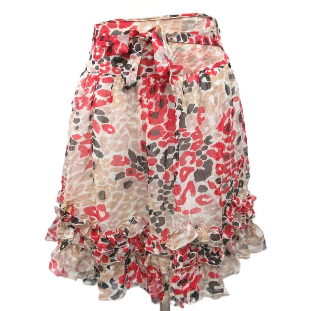 ブルマリン Blumarine シルクスカート フレアスカート ひざ丈 フリル 総柄 絹 シルク100% 38 ピンク マルチカラー ■IBO96
