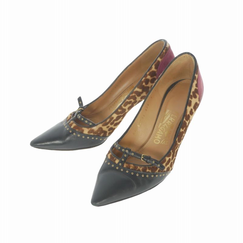 サルヴァトーレフェラガモ Salvatore Ferragamo ハラコ レザー レオパード パンプス 靴 6 ベージュ/ブラック/バーガンディ 43546