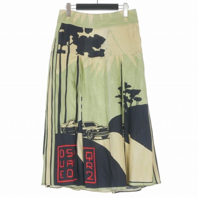 ディースクエアード DSQUARED2 22AW 総柄 レーヨン ロングスカート プリーツ 36 グリーン 緑 S75MA0837 国内正規