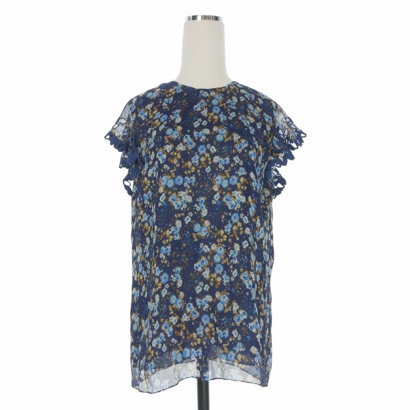 ディースクエアード DSQUARED2 22SS Frill Top 花柄 シルク ブラウス フリル トップス 半袖 38 ネイビー 紺 S72NC0989 国内正規