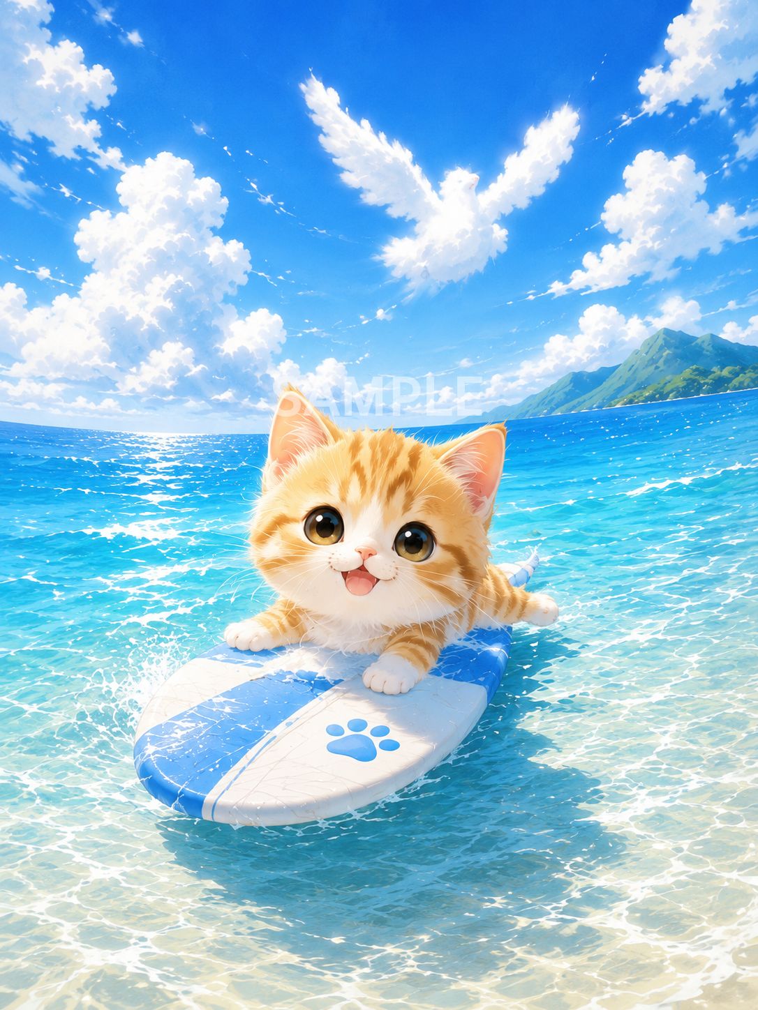 夏の海とサーフィン猫｜ヒーリングアート｜癒しのインテリアポスター