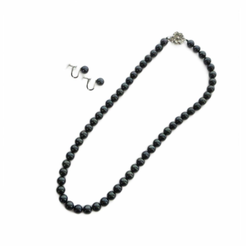 ノーブランド品 ネックレス パール イヤリング セット アコヤ黒真珠 Silver925 7ｍm 黒 ブラック ■GY18 /MQ