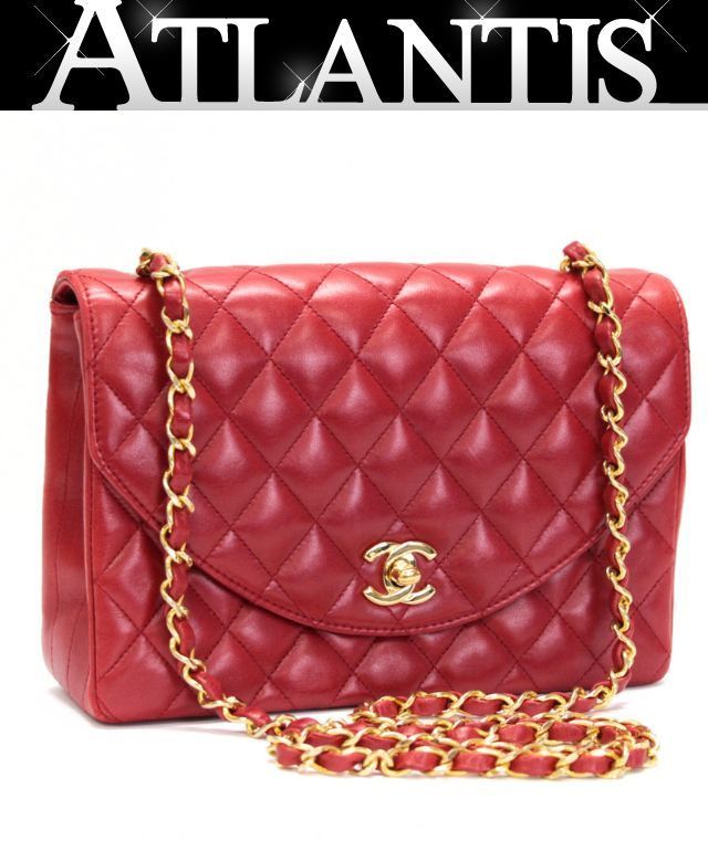シャネル CHANEL マトラッセ22 ハーフムーン シングルフラップ チェーンショルダーバッグ ラム 赤 1番台 【75025】