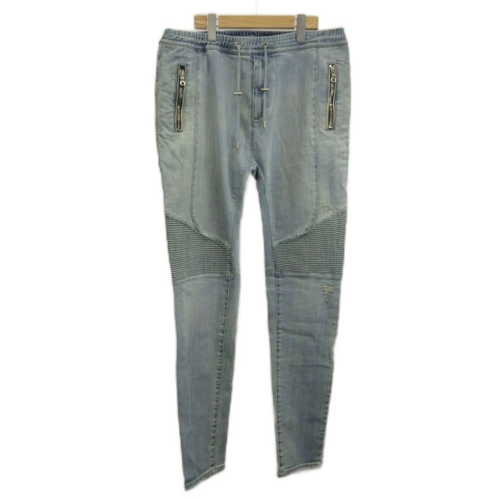 バルマン BALMAIN デニムバイカーパンツ ジーンズ スキニー イージー ダメージ加工 32 L 青 ブルー RH35627D036 /XZ ■GY50