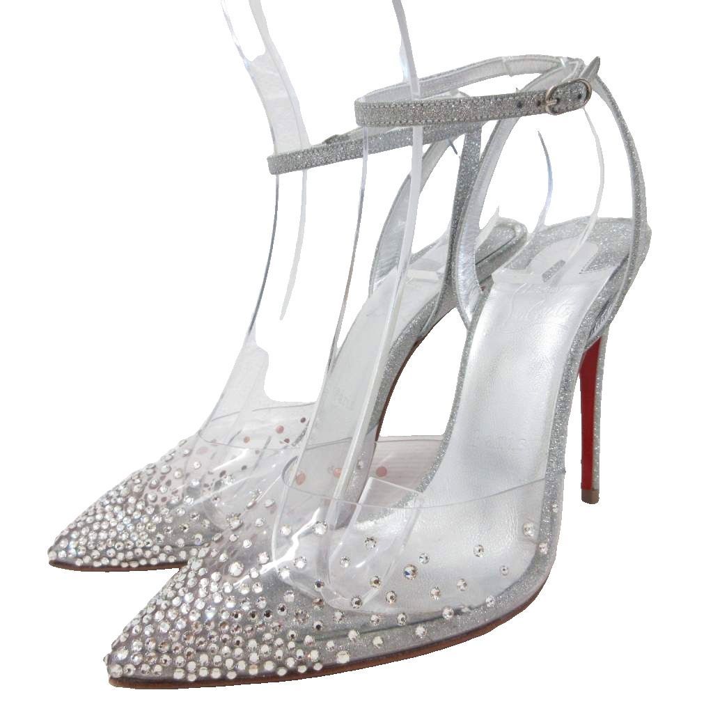 クリスチャンルブタン Christian louboutin 美品 SPIKAQUEEN 100 パンプス ポインテッドトゥ ハイヒール ピンヒール アンクルストラップ クリア ビジュー ラインストーン 36.5 シルバーカラー