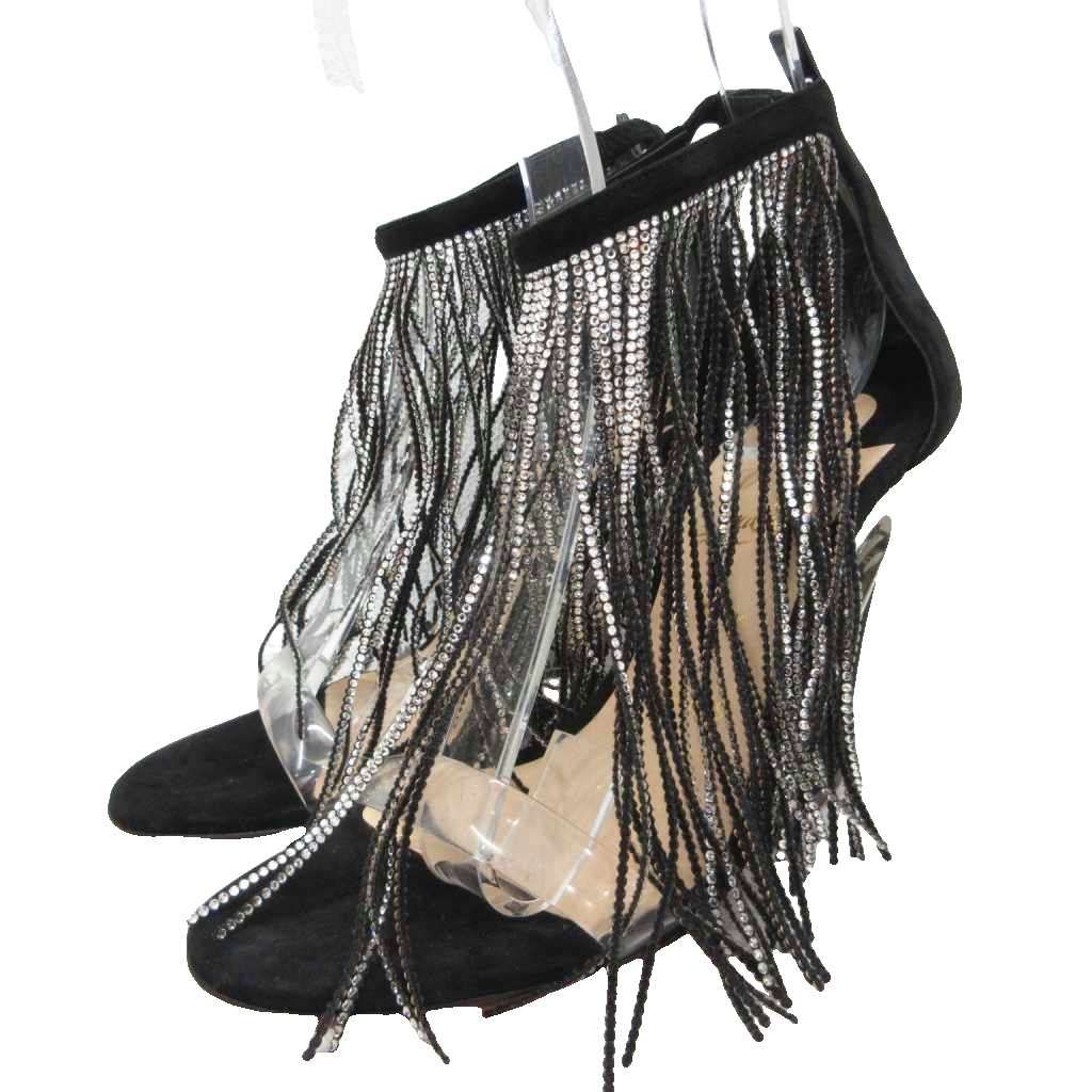 クリスチャンルブタン Christian louboutin 美品 フリンジ サンダル ミュール クリアヒール ウェッジソール ビジュー ラインストーン 37 黒 ブラック