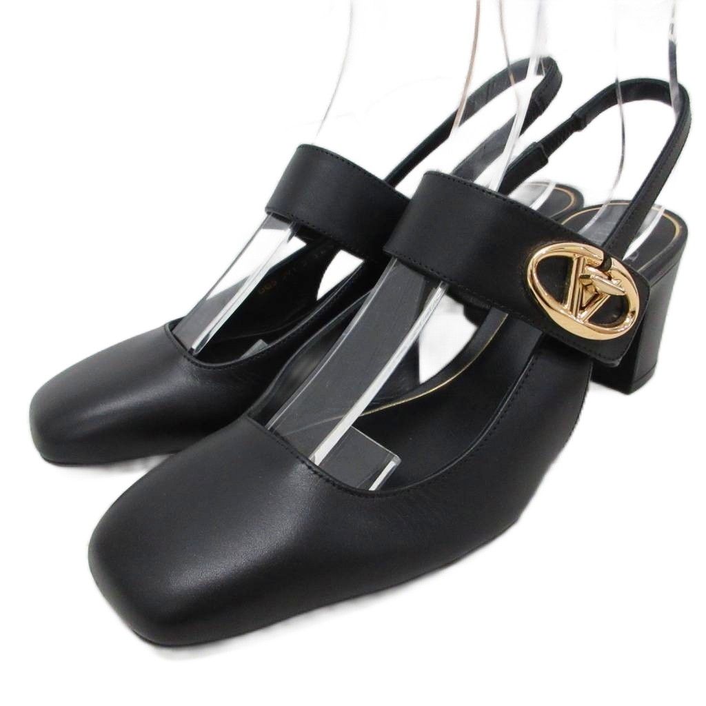 ヴァレンティノ ヴァレンチノ VALENTINO 美品 ロゴ金具 パンプス スクエアトゥ ヒール V金具 ゴールド金具 ストラップ レザー 皮革 36.5 黒 ブラック