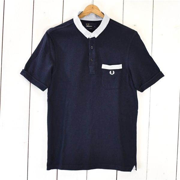 フレッドペリー FRED PERRY コットン100％ ボタンダウン ポロシャツ 半袖シャツ M ダークネイビーベース ロゴ刺繍 春夏対応 / 6TE056 【送料無料】【中古】【メンズビジネス】202605