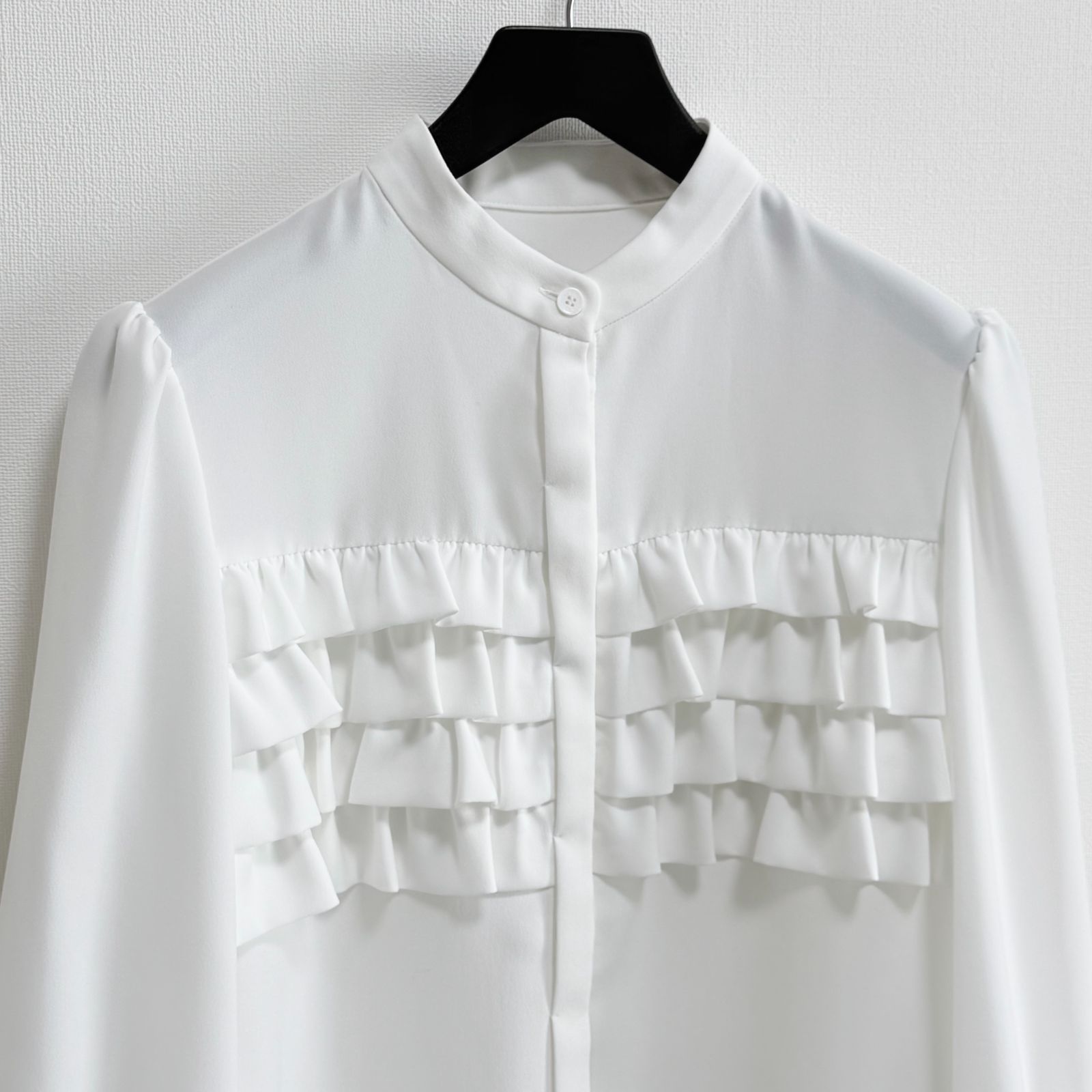 BORDERS at BALCONY フリル ボーダー袖 カットソー 長袖 ◇美品◇ BORDERS at BALCONY フリルジョーゼットブラウス 36 白 長袖
