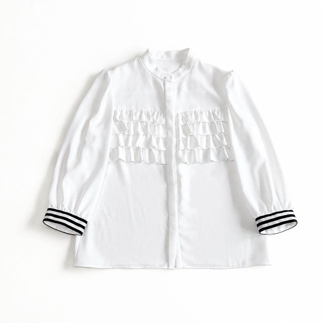 BORDERS at BALCONY フリル ボーダー袖 カットソー 長袖 ◇美品◇ BORDERS at BALCONY フリルジョーゼットブラウス 36 白 長袖