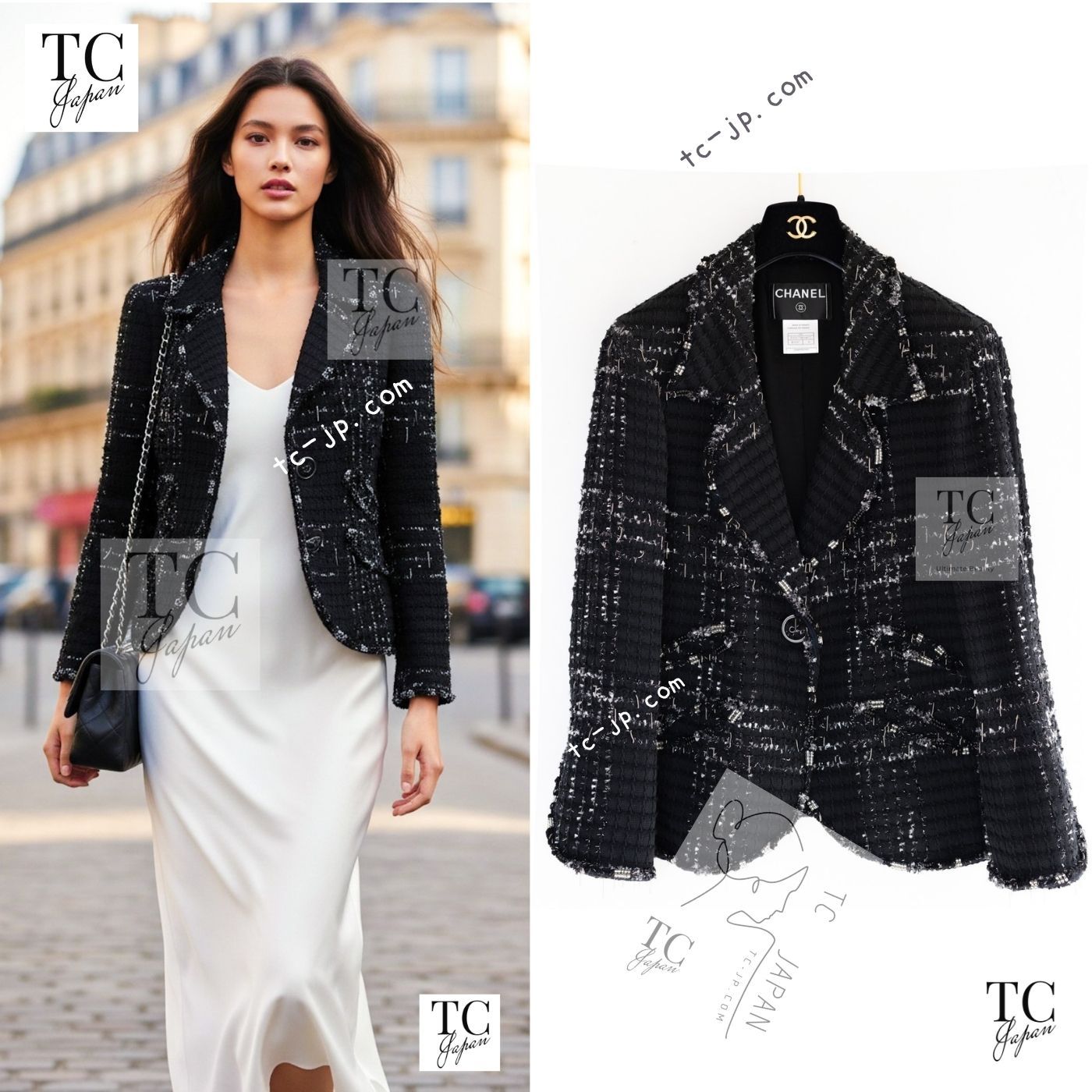 シャネル ジャケット CHANEL ブラック ビーズ チェーン コットン ウール ツイード 154万 カール・ラガーフェルド 女優着用 超美品 42