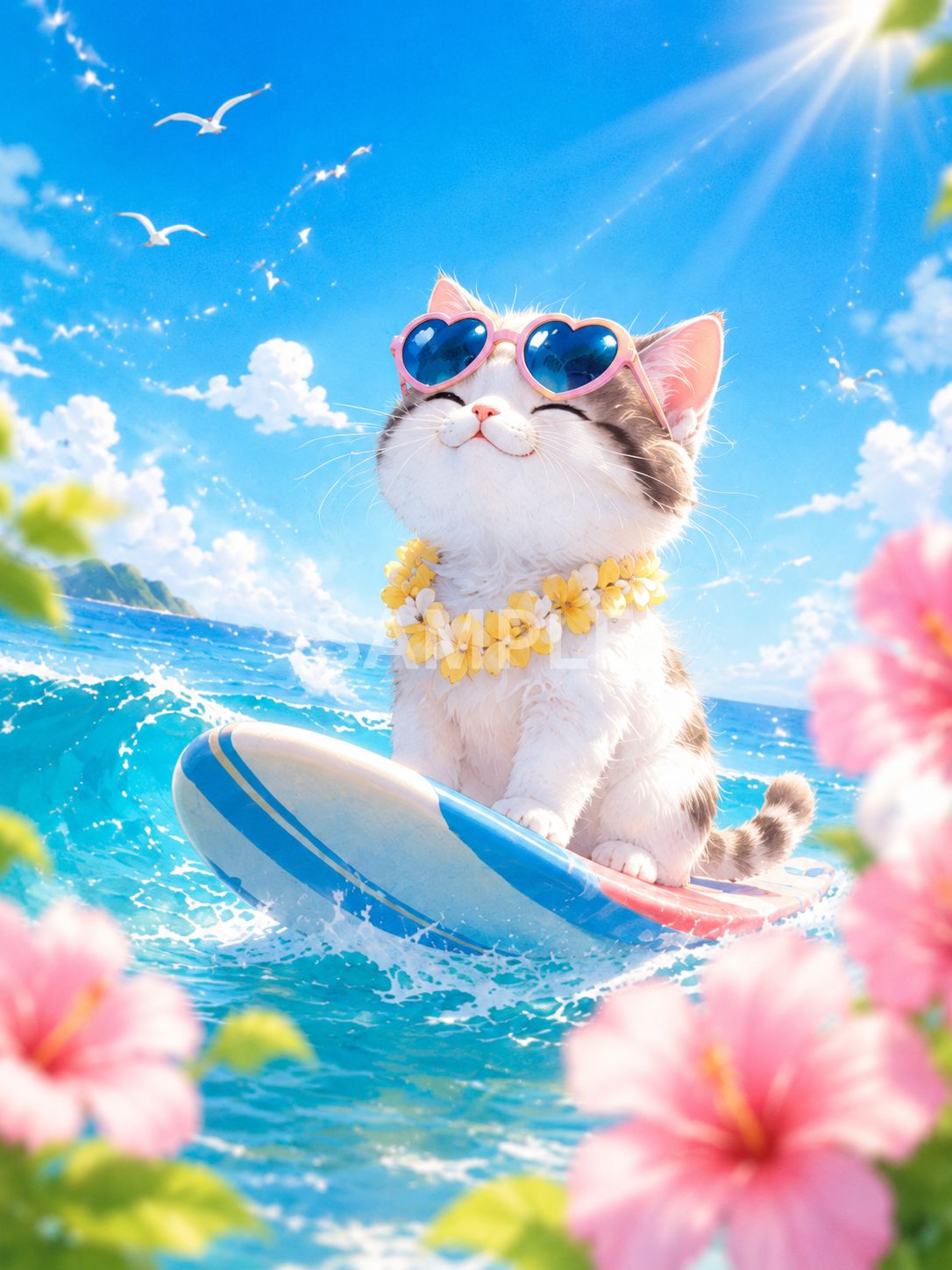 猫　サーフィン　サバトラ　とら猫　サーファー猫　夏　日本画　絵画　原画　海 サーフィン猫の夏物語｜ハートサングラスの子猫｜ヒーリングアート｜海