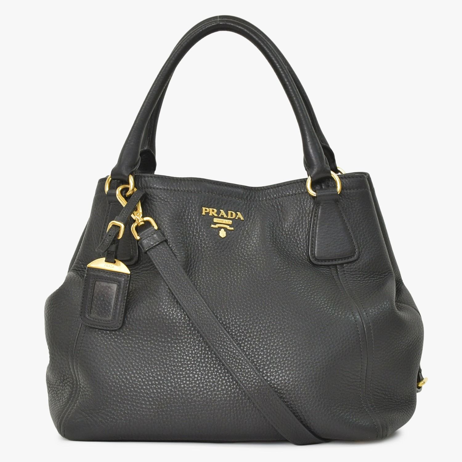 極美品 PRADA プラダ 2WAY バッグ トートバッグ ショルダーバッグ レザー ブラック ゴールド金具 中古 4a003704