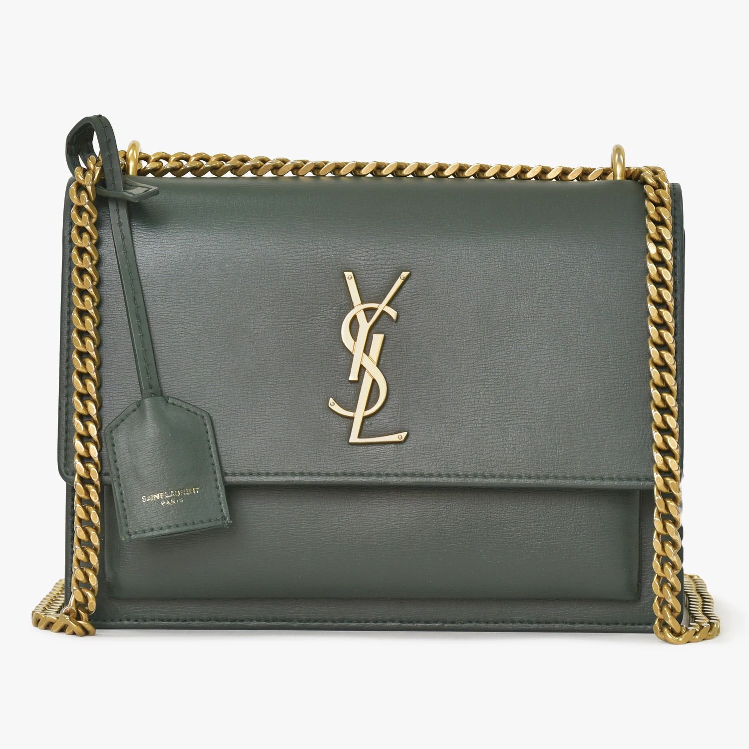 極美品 SAINT LAURENT サンローラン ショルダーバッグ MAL440906 カーキ カーフスキン ゴールド金具 中古 4a003482