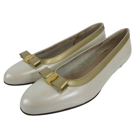 サルヴァトーレフェラガモ Salvatore Ferragamo ヴァラ リボン パンプス レザー イタリア製 パール ゴールド 6.5