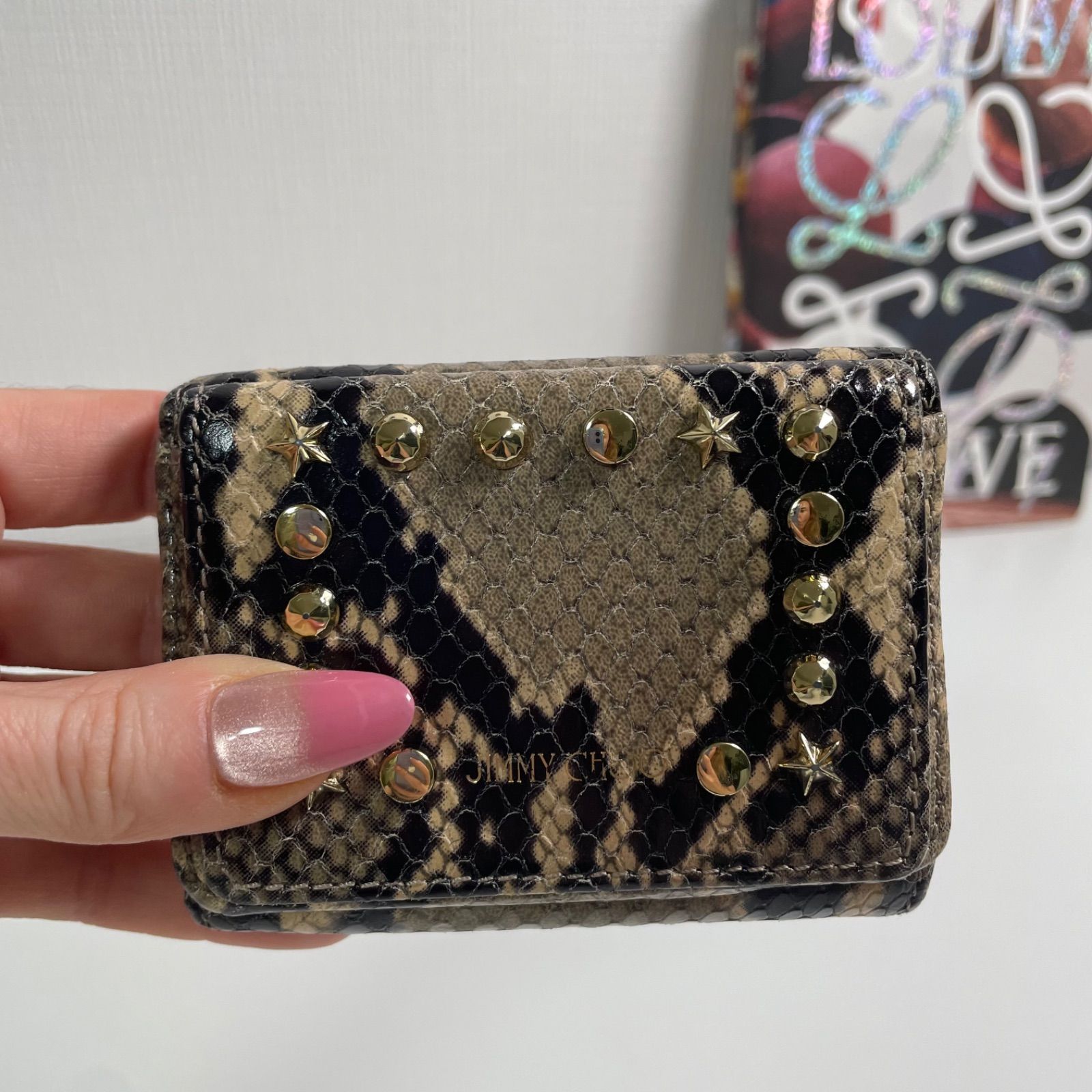 JIMMY CHOO パイソン柄 スタッズ 三つ折り財布